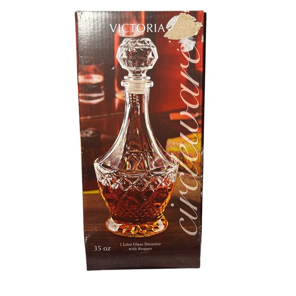 Victoria‎ Circleware Glass Decanter with Stopper 1 Liter 35 oz Bourbon Wiskey - Picture 1 of 3